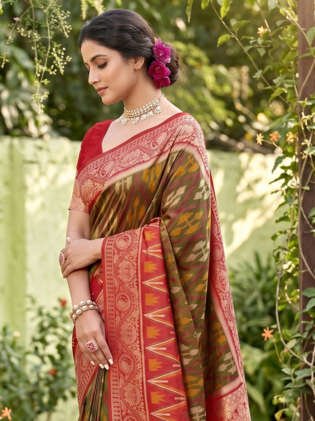 Peachmode Olive Soft Silk Woven Saree - Image 4
