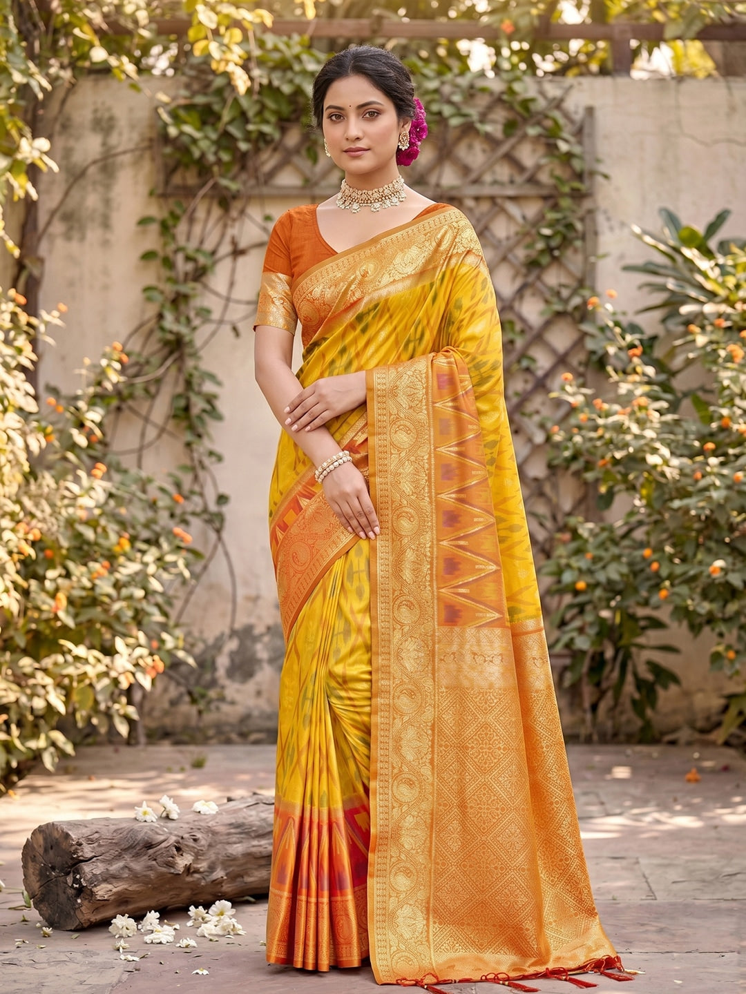 Peachmode Yellow Soft Silk Woven Saree - Image 1