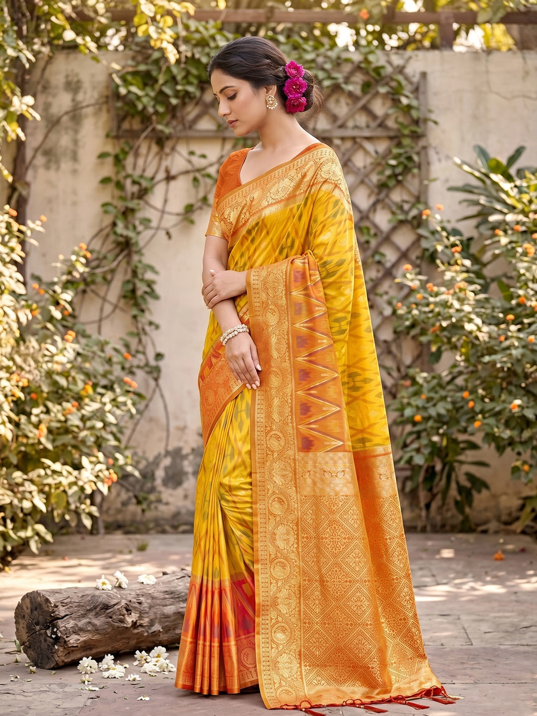 Peachmode Yellow Soft Silk Woven Saree - Image 2