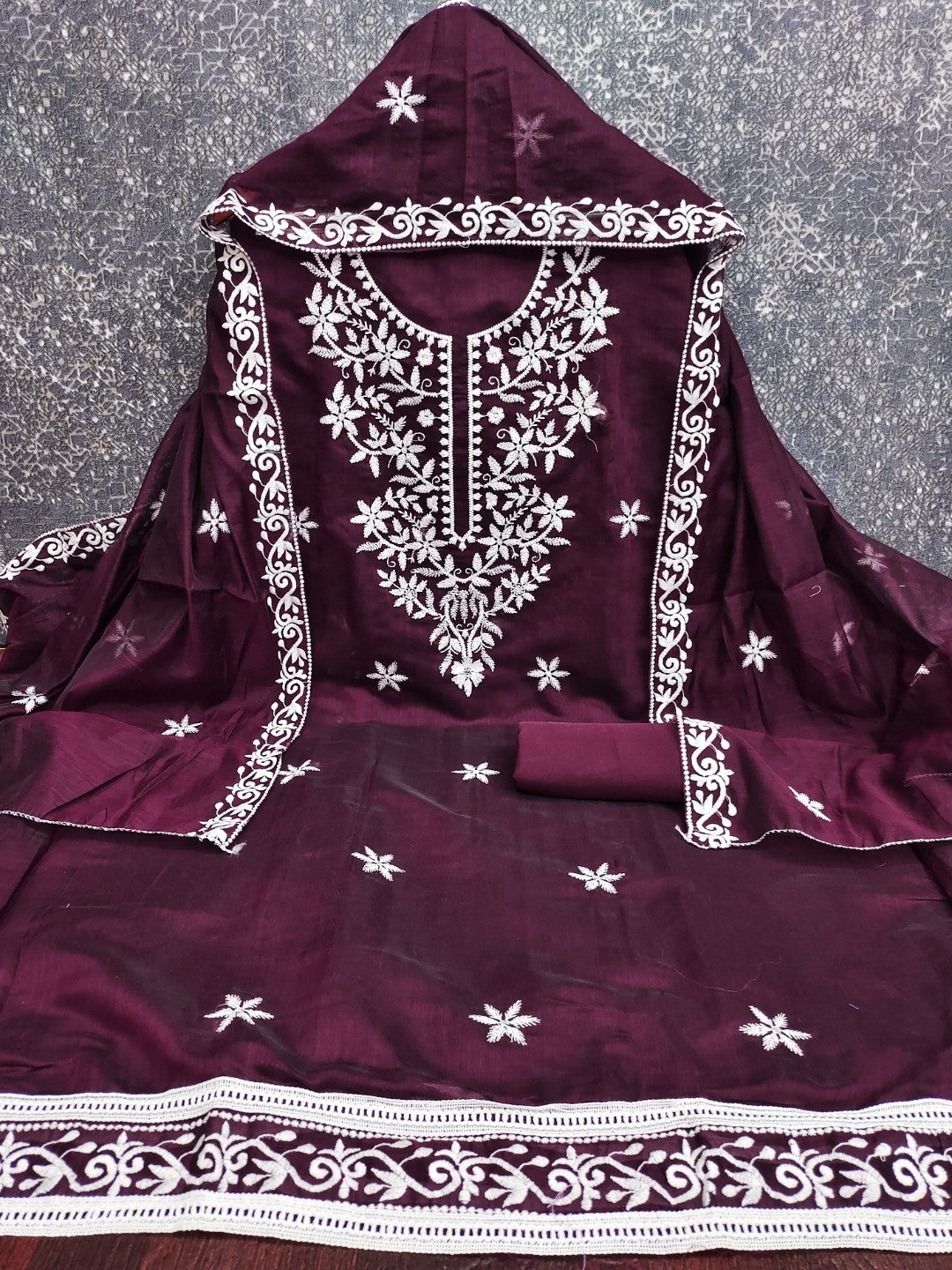 Peachmode Wine Chanderi Cotton Dress Material with Ethnic Motifs - Image 5