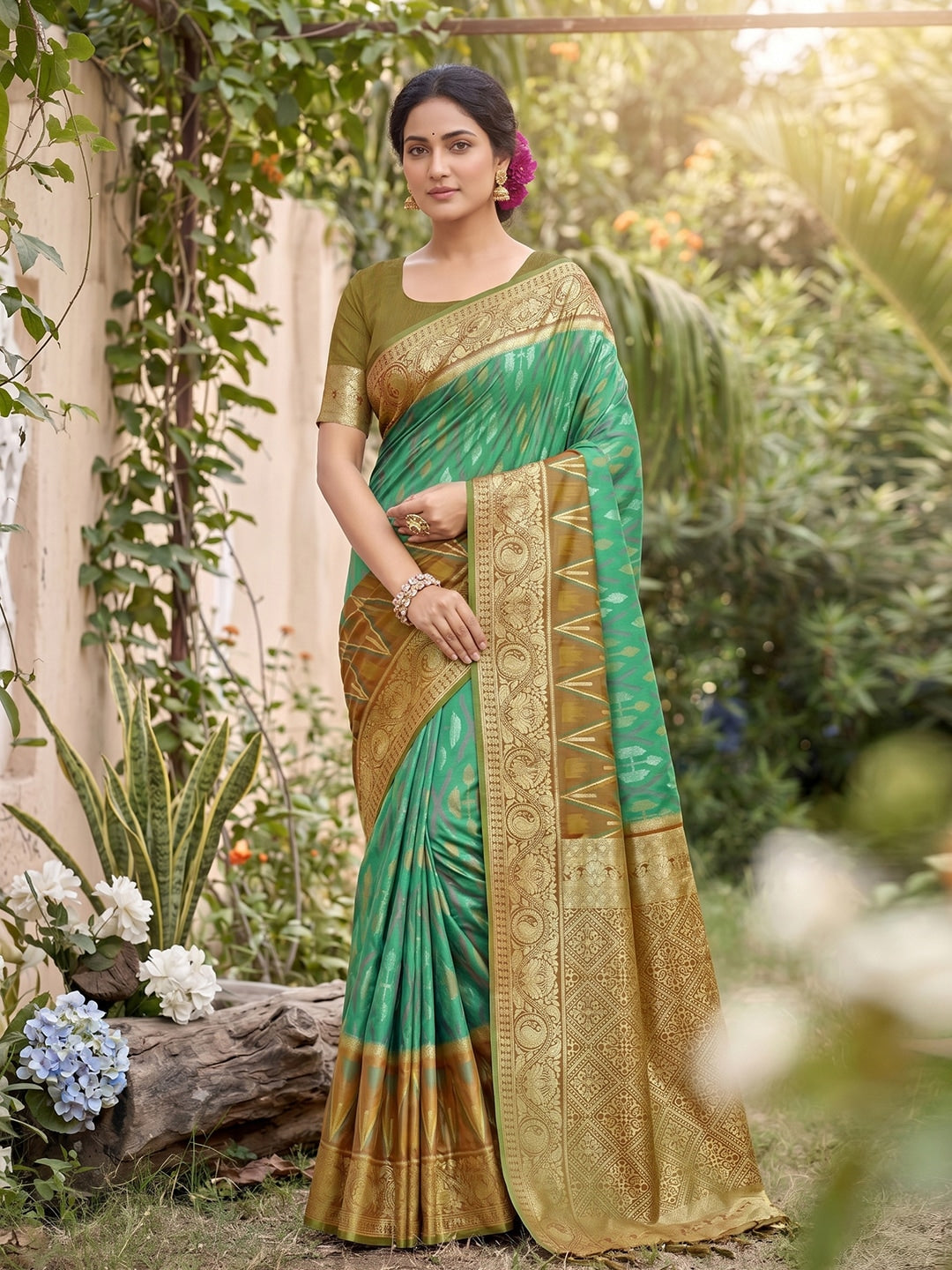Peachmode Rama Green Soft Silk Woven Saree - Image 1
