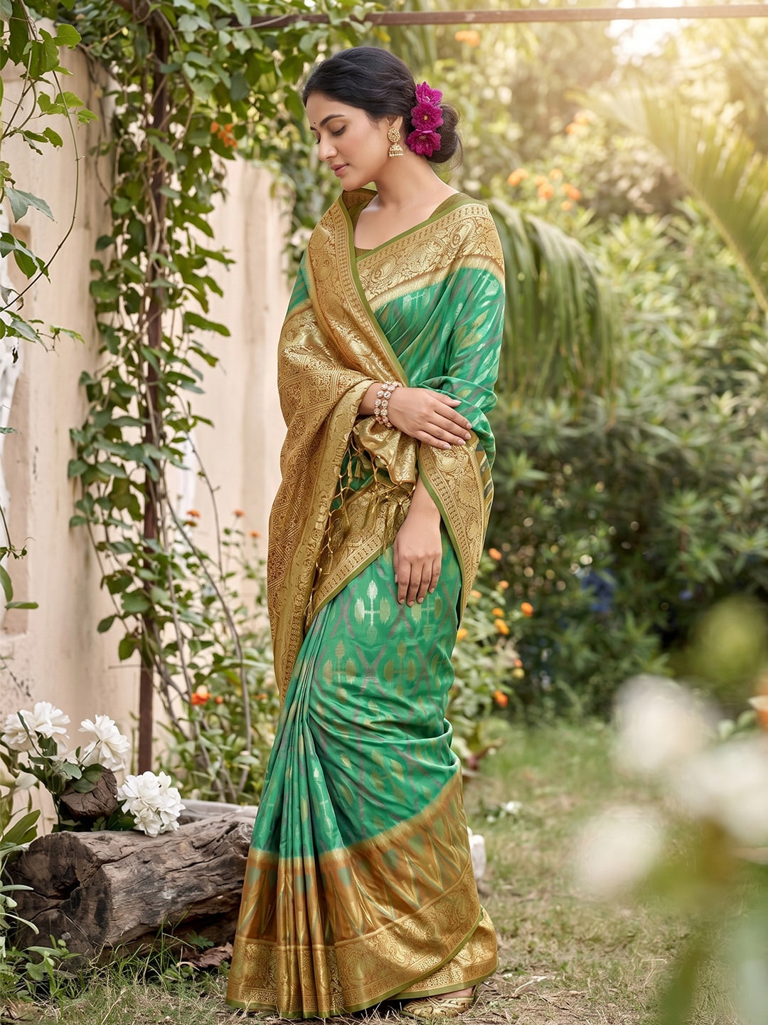 Peachmode Rama Green Soft Silk Woven Saree - Image 2