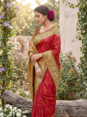 Peachmode Red Soft Silk Woven Saree - Image 2