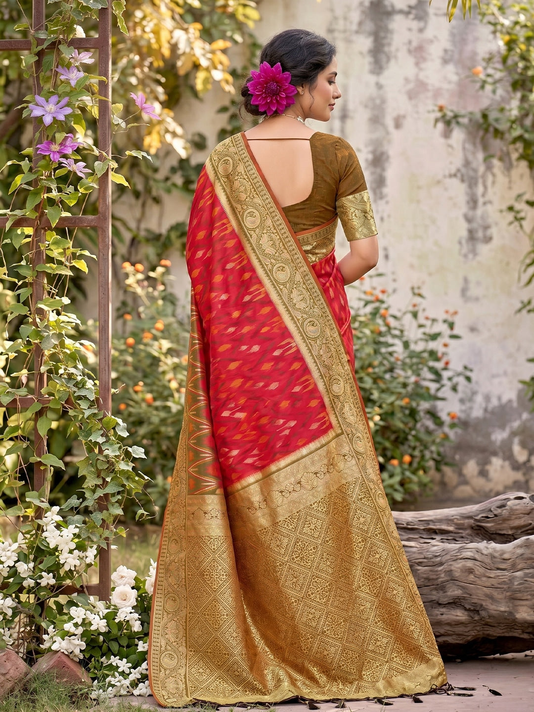 Peachmode Red Soft Silk Woven Saree - Image 3