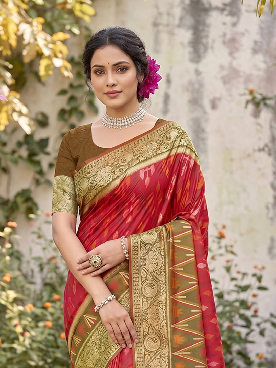 Peachmode Red Soft Silk Woven Saree - Image 4