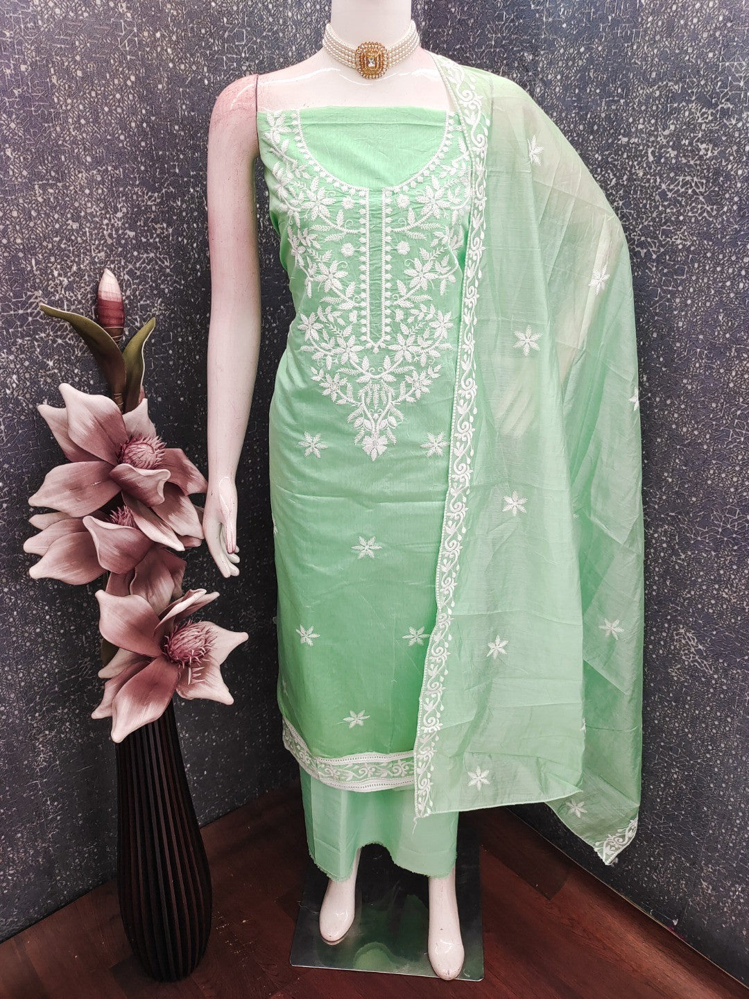 Peachmode Sea Green Chanderi Cotton Dress Material with Ethnic Motifs - Image 3