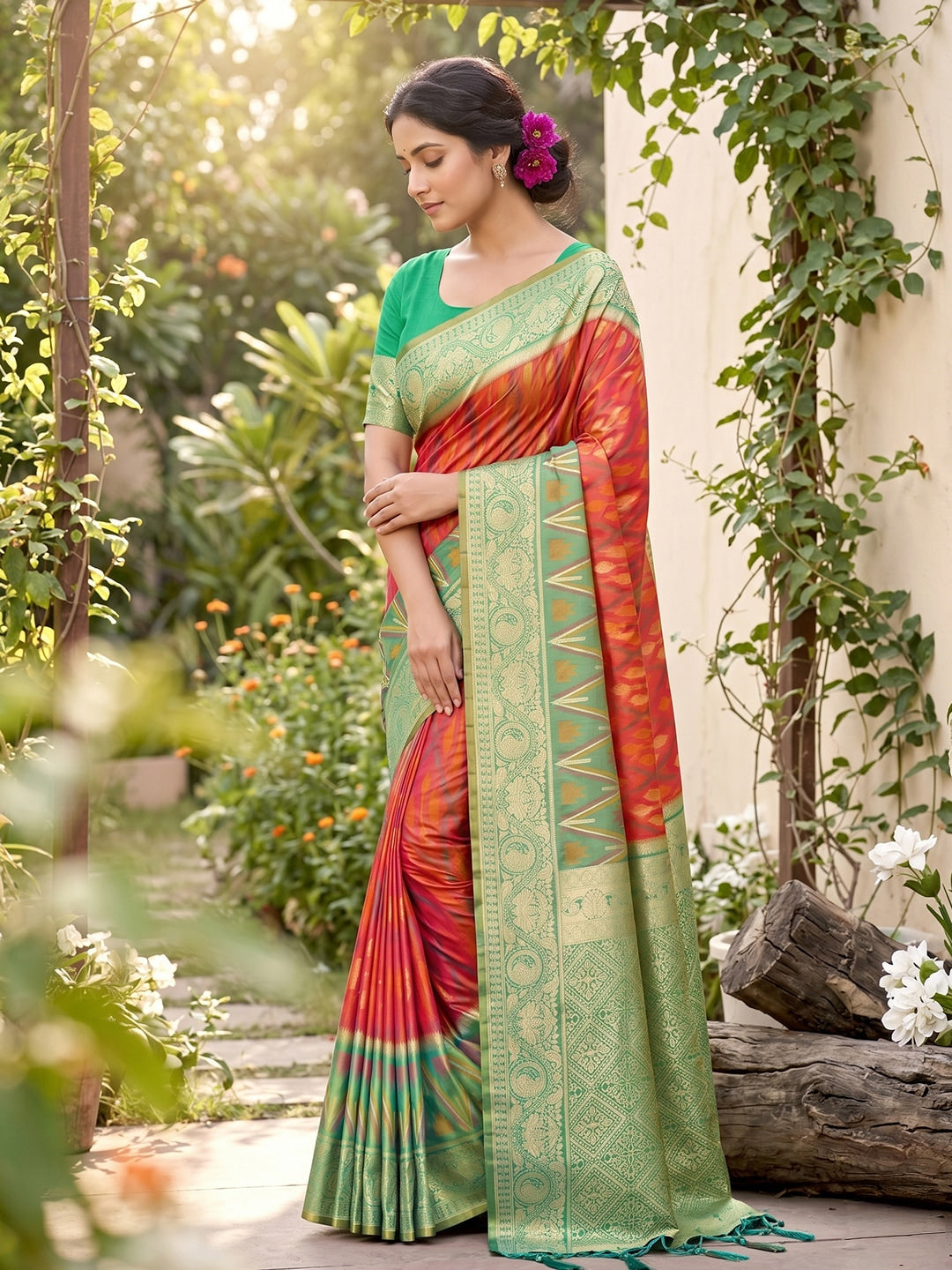 Peachmode Mustard Soft Silk Woven Saree - Image 2