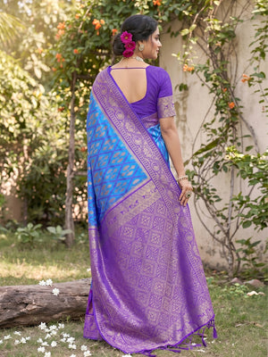 Peachmode Blue Soft Silk Woven Saree - Image 2