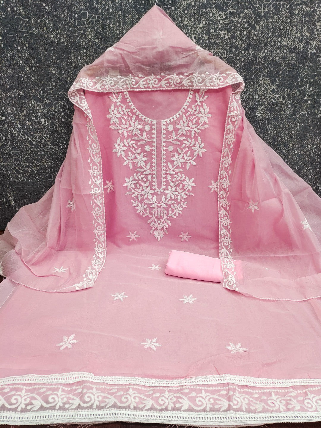 Peachmode Pink Chanderi Cotton Dress Material with Ethnic Motifs - Image 3