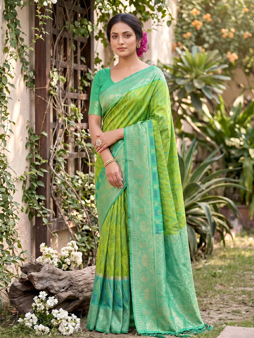 Peachmode Rama Green Soft Silk Woven Saree - Image 1