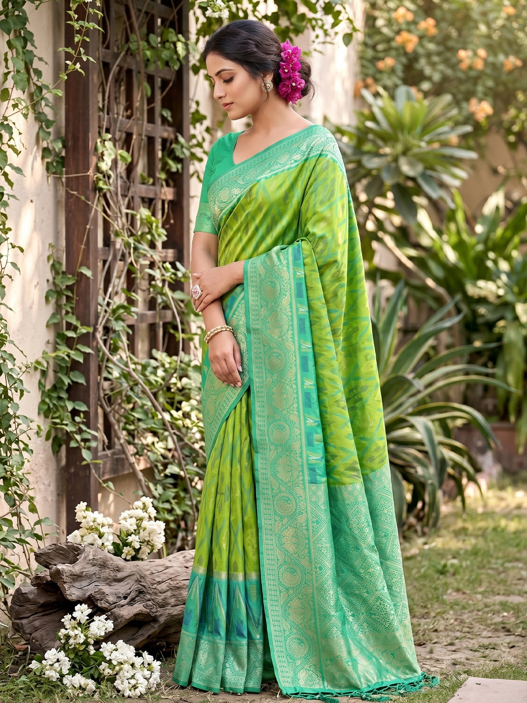 Peachmode Rama Green Soft Silk Woven Saree - Image 2