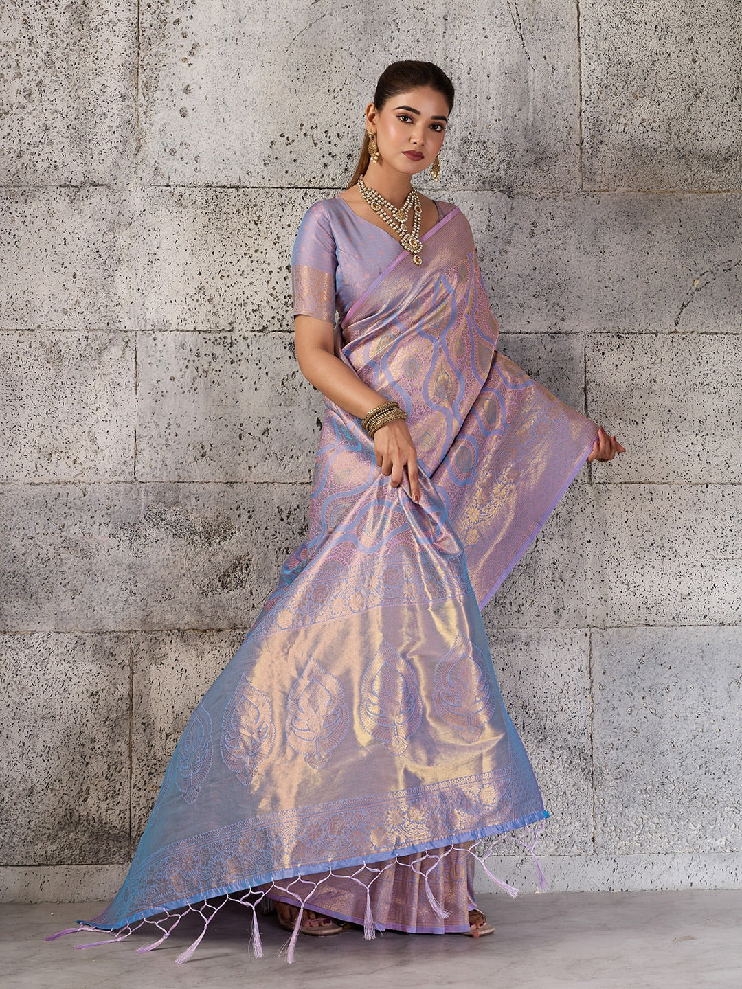 Peachmode Lavender Kanjivaram Silk Blend Saree - Image 4