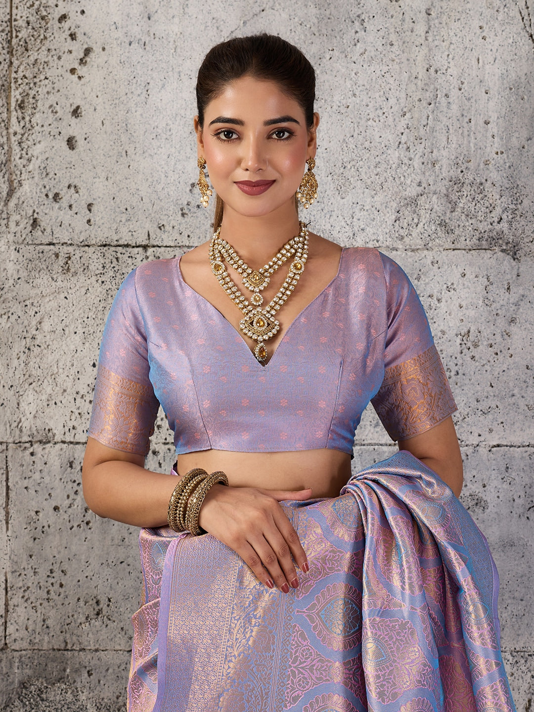 Peachmode Lavender Kanjivaram Silk Blend Saree - Image 6