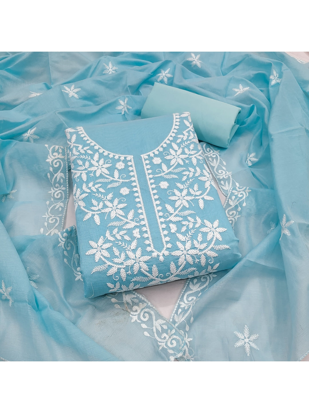 Peachmode Blue Chanderi Cotton Dress Material with Ethnic Motifs - Image 3
