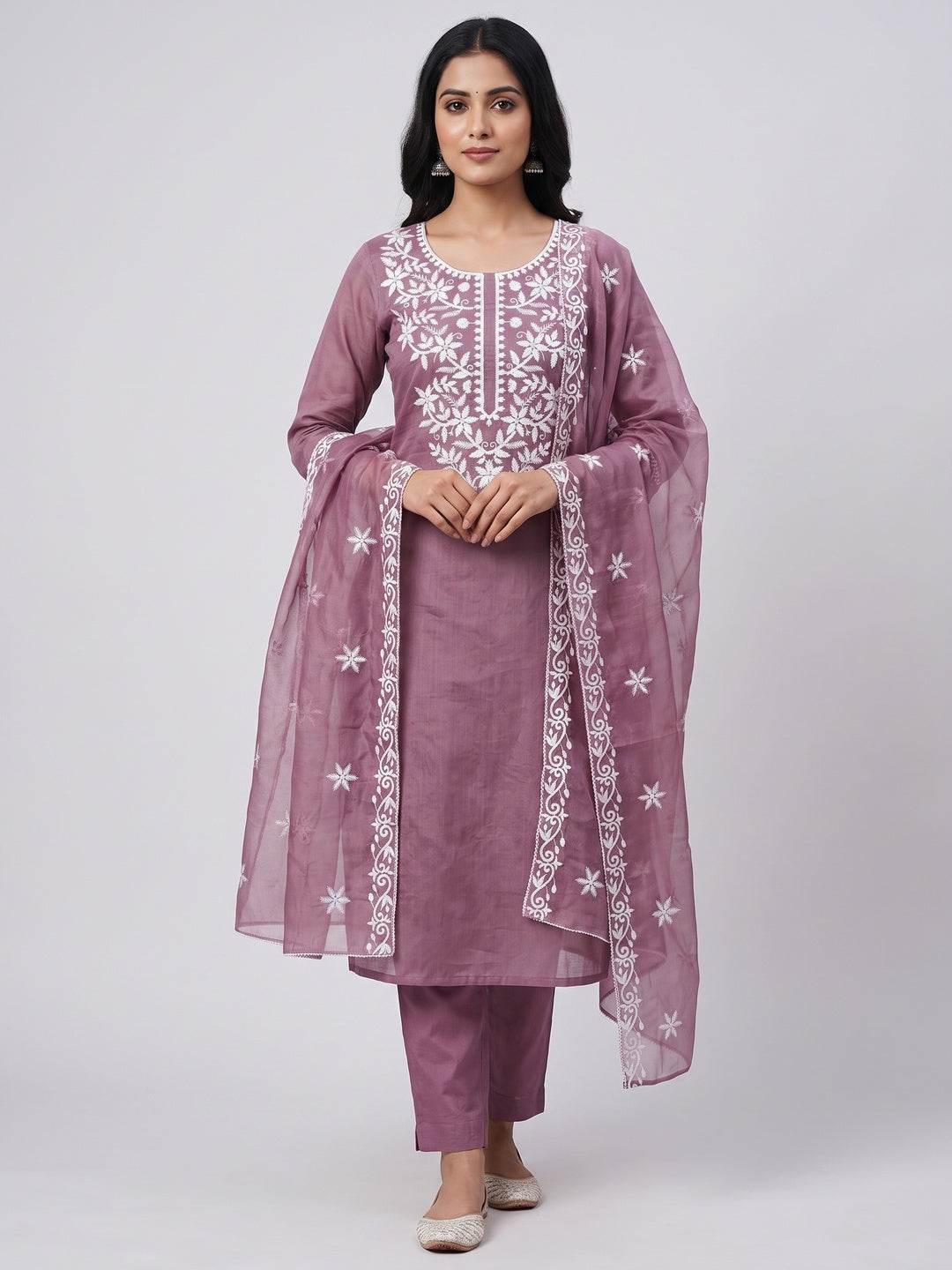 Peachmode Mauve Chanderi Cotton Dress Material with Ethnic Motifs - Image 1