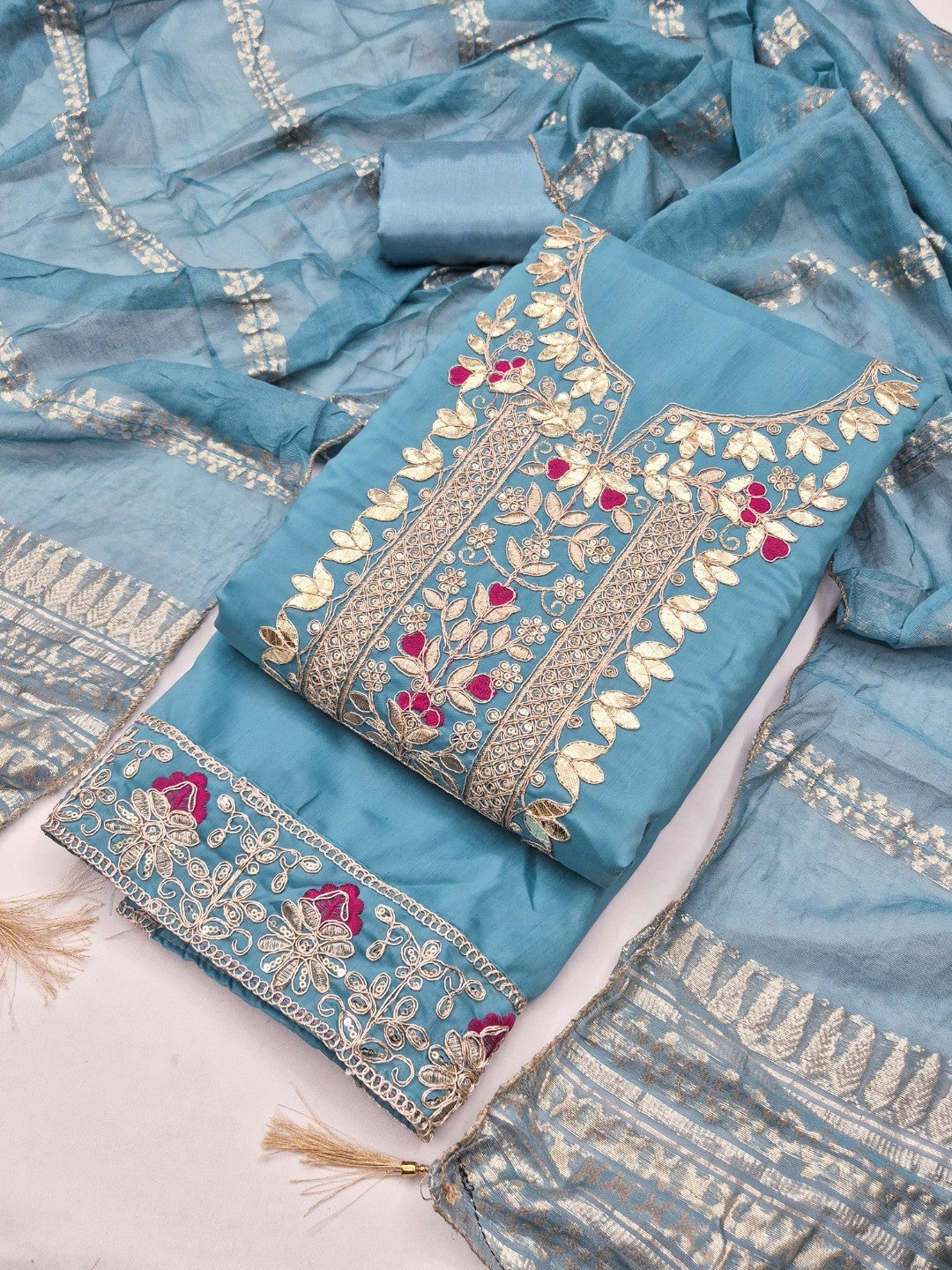 Peachmode Blue Roman Silk Dress Material with Ethnic Motifs - Image 1