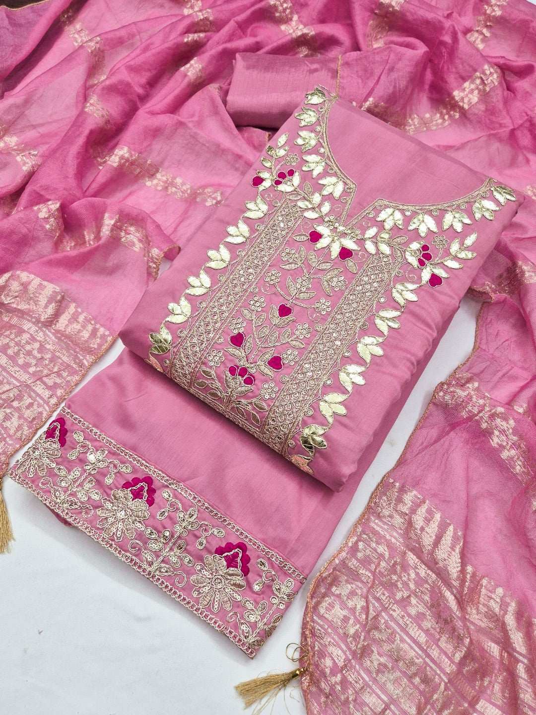 Elegant Pink Chanderi Silk Dress Material with Zari Work - Image 1