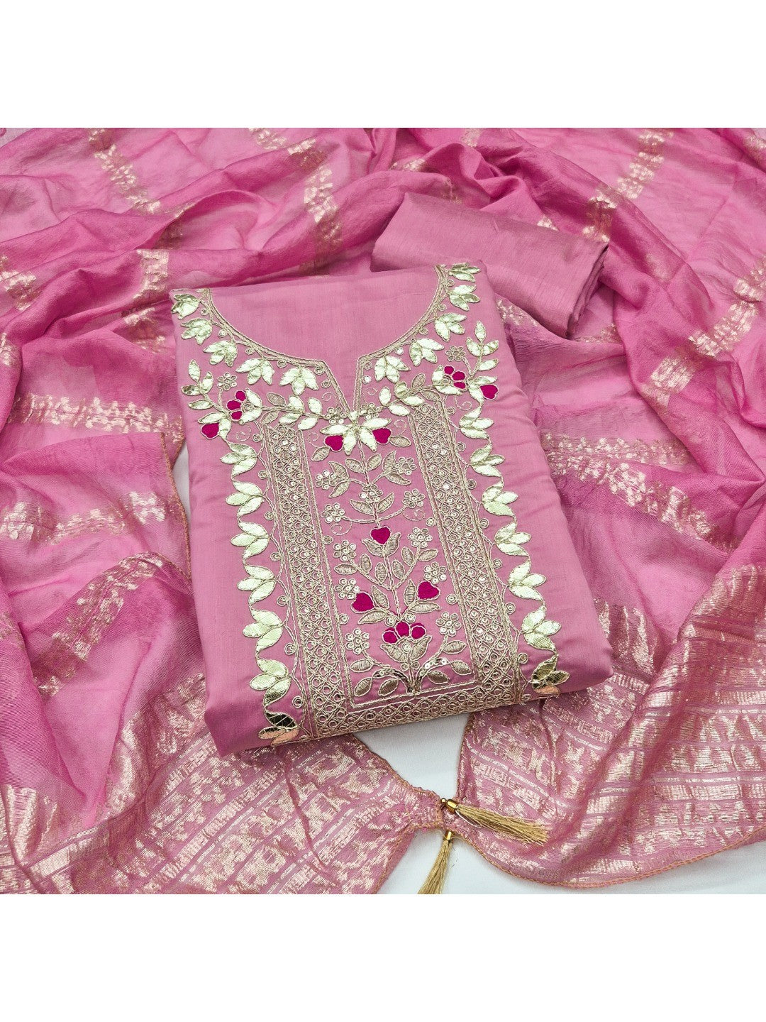 Peachmode Pink Roman Silk Dress Material with Ethnic Motifs - Image 7
