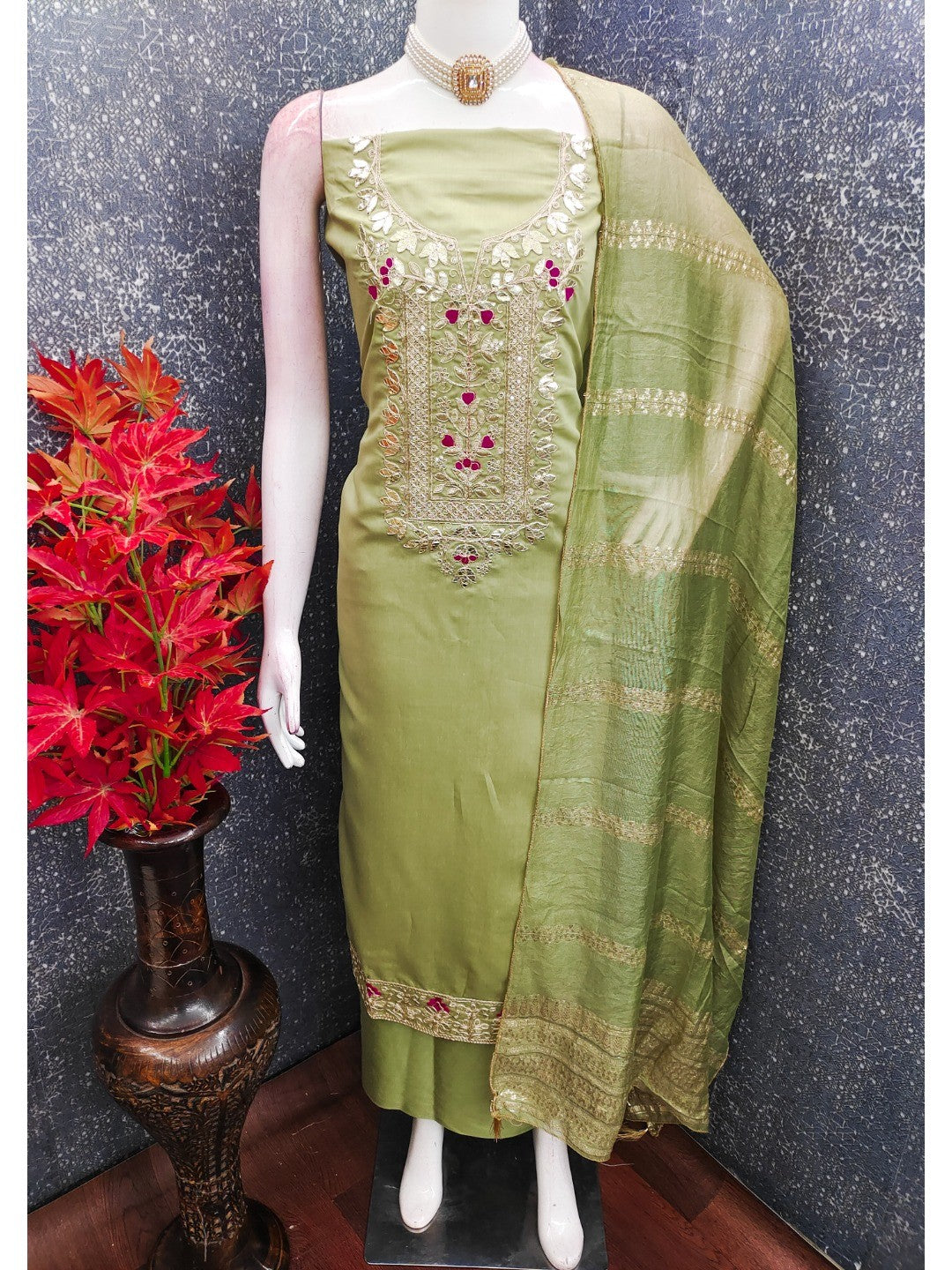 Peachmode Olive Roman Silk Dress Material with Ethnic Motifs - Image 2