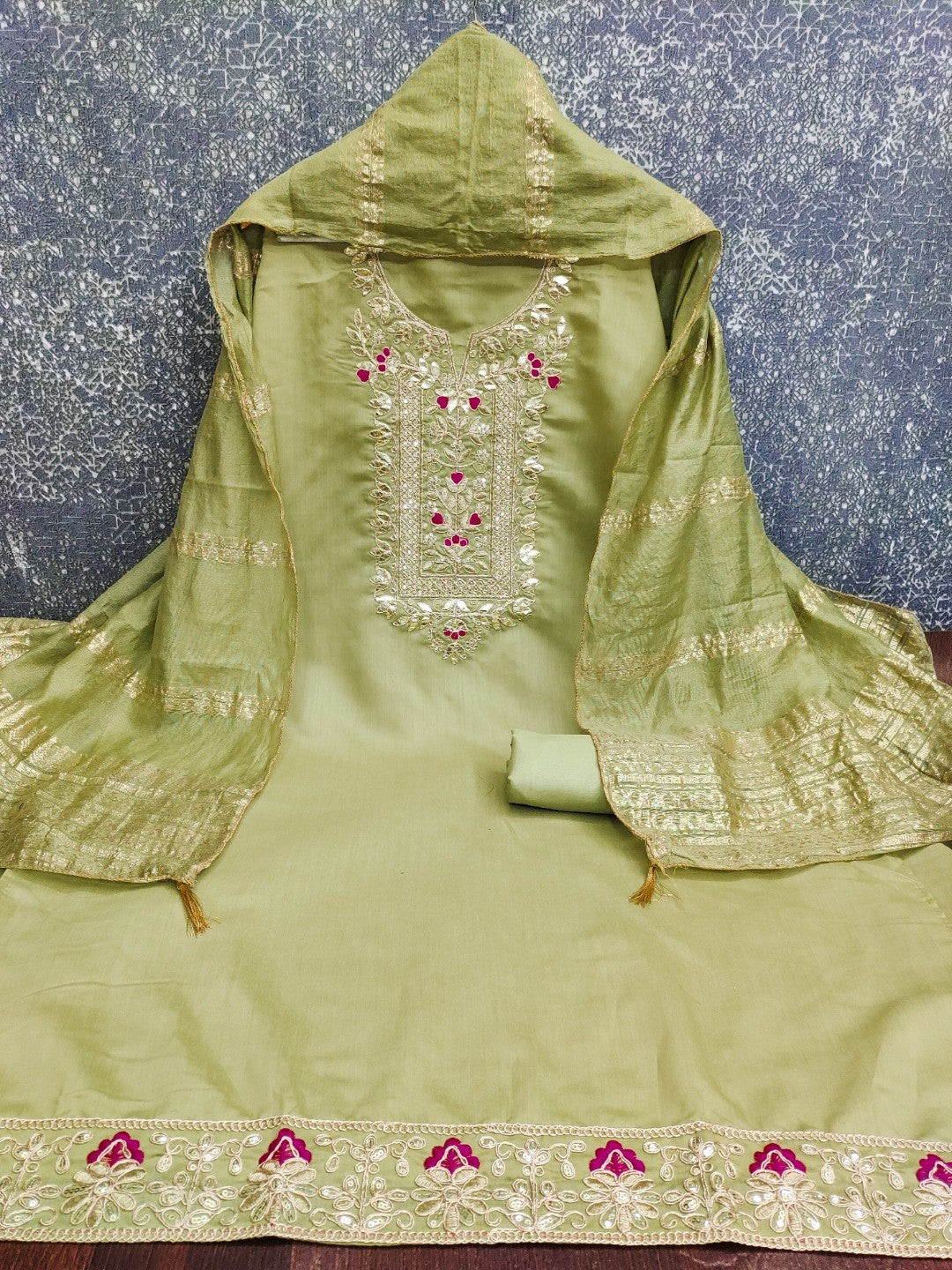 Peachmode Olive Roman Silk Dress Material with Ethnic Motifs - Image 3