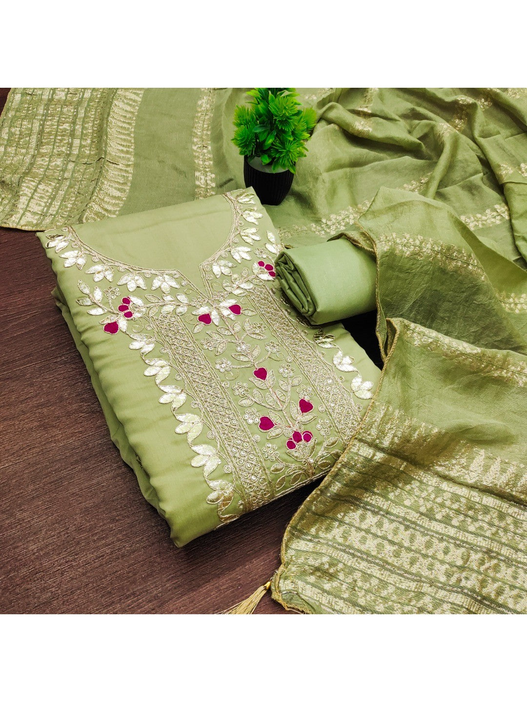 Peachmode Olive Roman Silk Dress Material with Ethnic Motifs - Image 5
