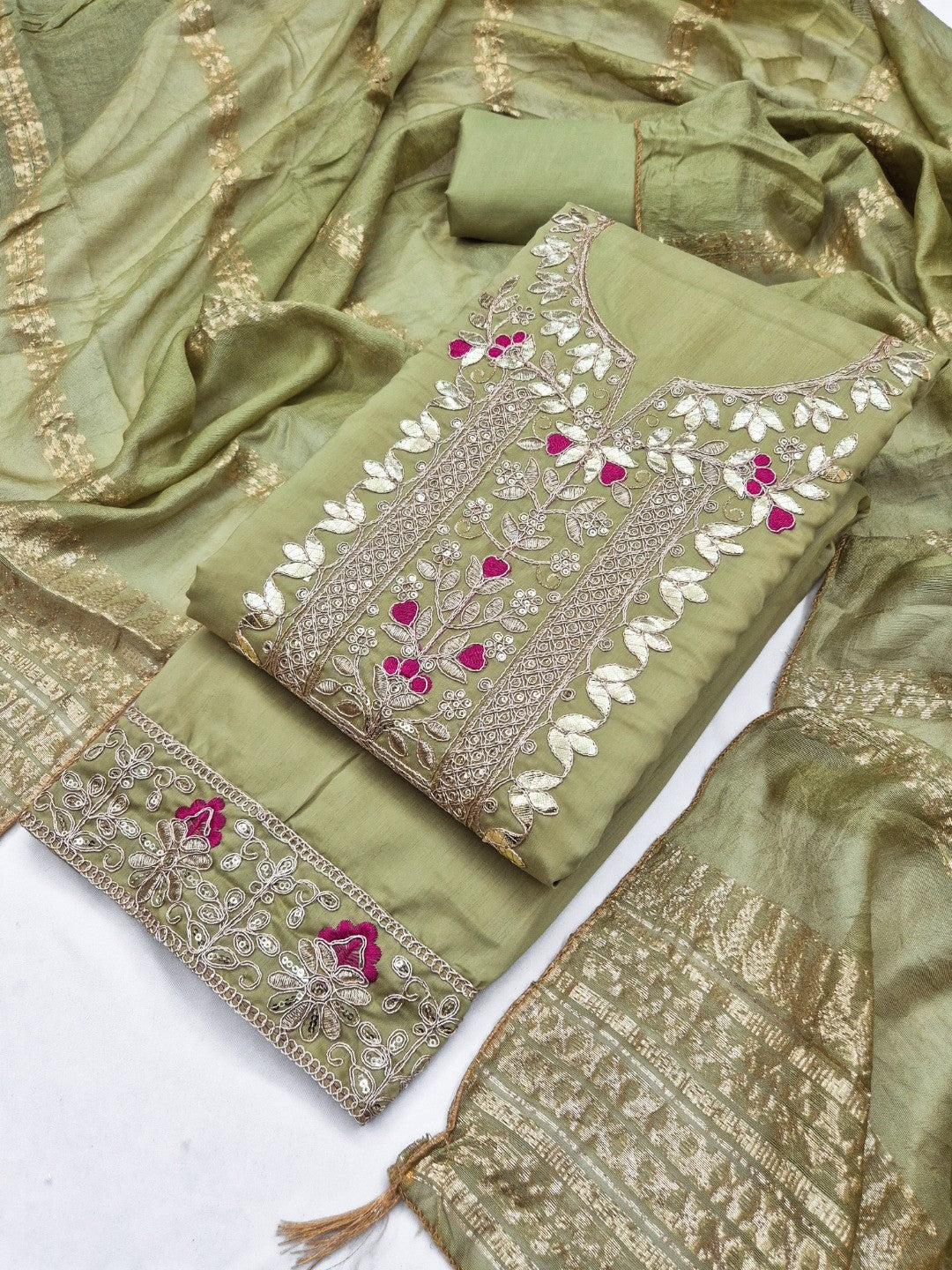 Peachmode Olive Roman Silk Dress Material with Ethnic Motifs - Image 1