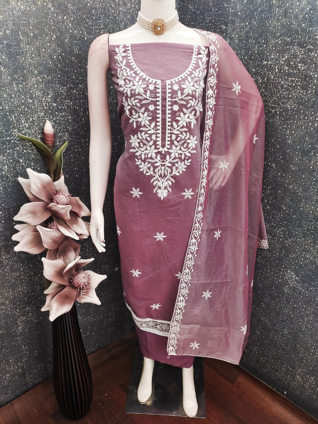 Peachmode Mauve Chanderi Cotton Dress Material with Ethnic Motifs - Image 3