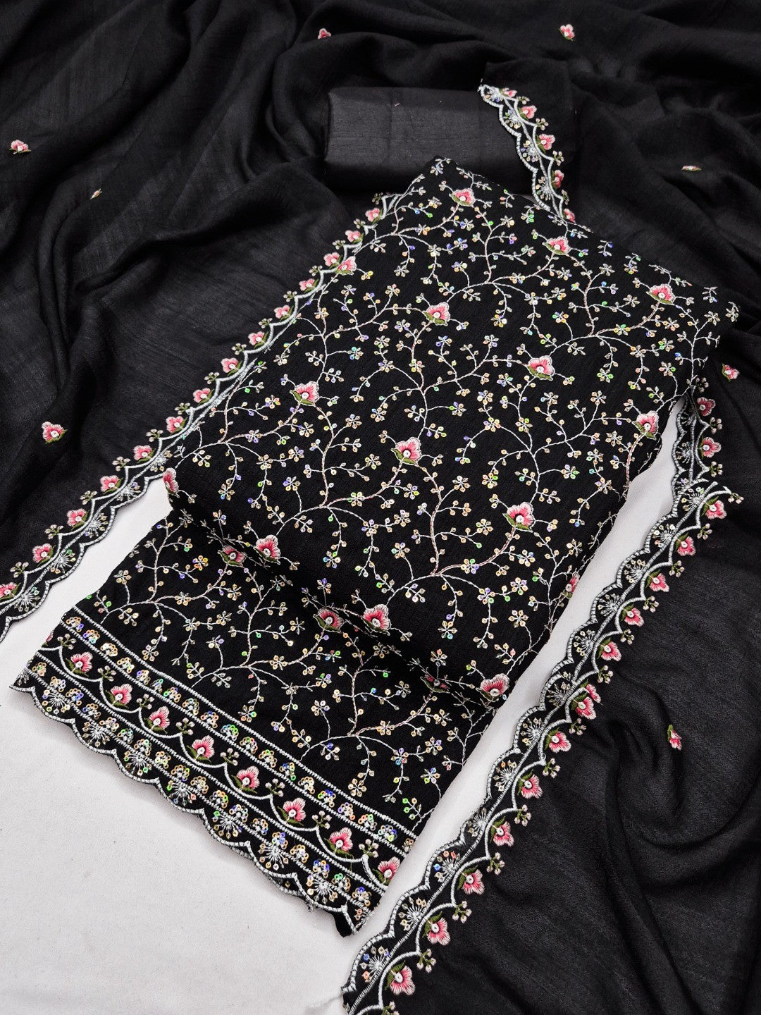Peachmode Black Vichitra Silk Dress Material with Ethnic Motifs - Image 6