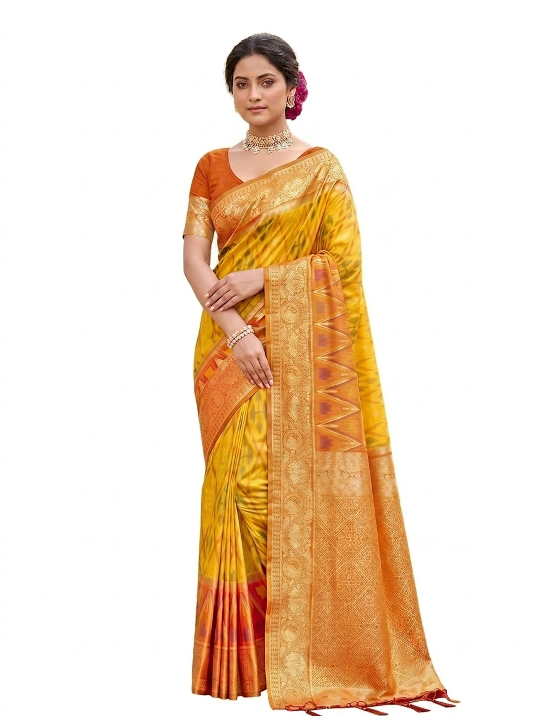 Peachmode Yellow Soft Silk Woven Saree - Image 5