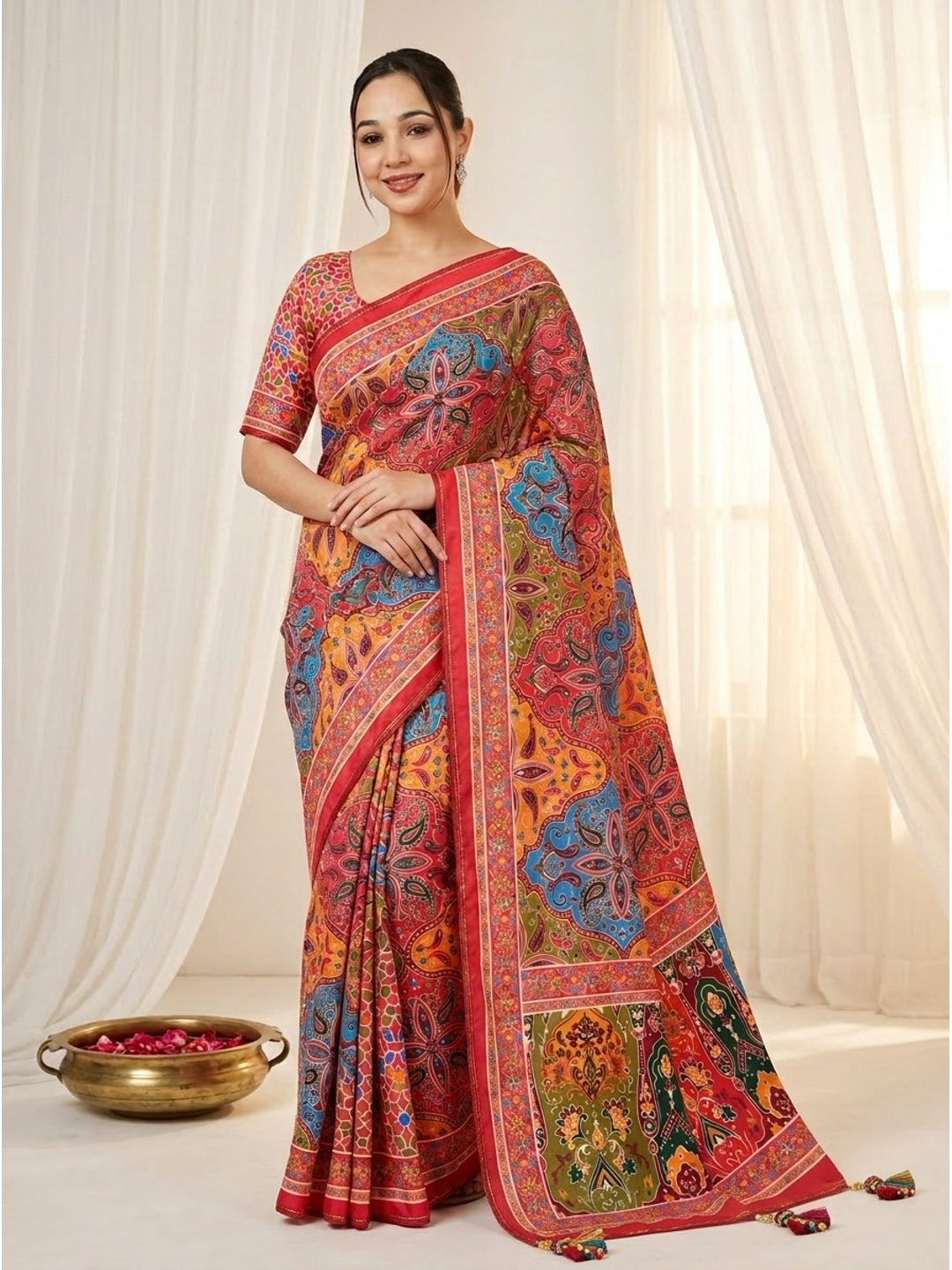 Peachmode Pink Satin Crepe Ajrakh Print Saree with Real Mirror Work and Pallu Latkan - Image 2