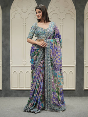 Peachmode Blue Sky Blue Satin Crepe Ajrakh Print Saree with Real Mirror Work and Pallu Latkan - Image 1