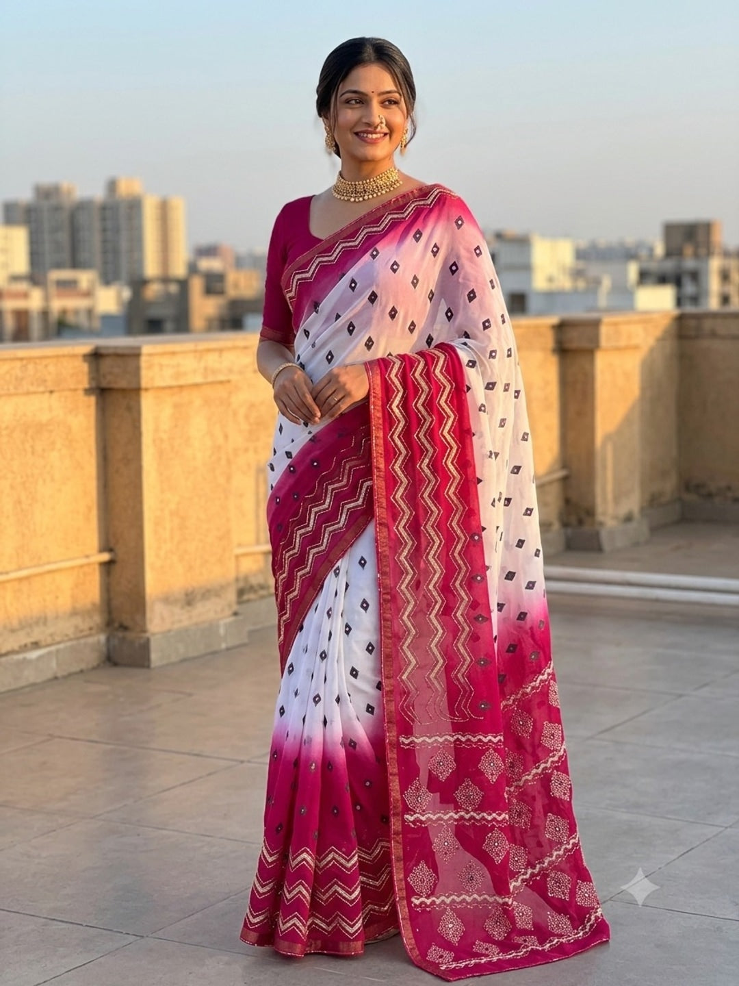 Peachmode Pink Simar Silk Digital Print Saree with Khatli Work - Image 1