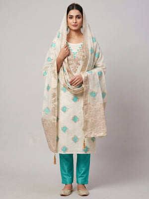 Peachmode Turquoise Cotton Dress Material with Ethnic Motifs - Image 1
