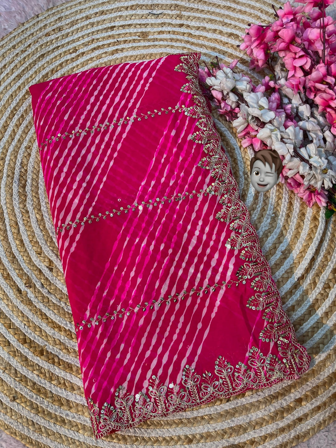 Peachmode Pink Georgette Leheriya Saree with Beads Cutwork Border - Image 2