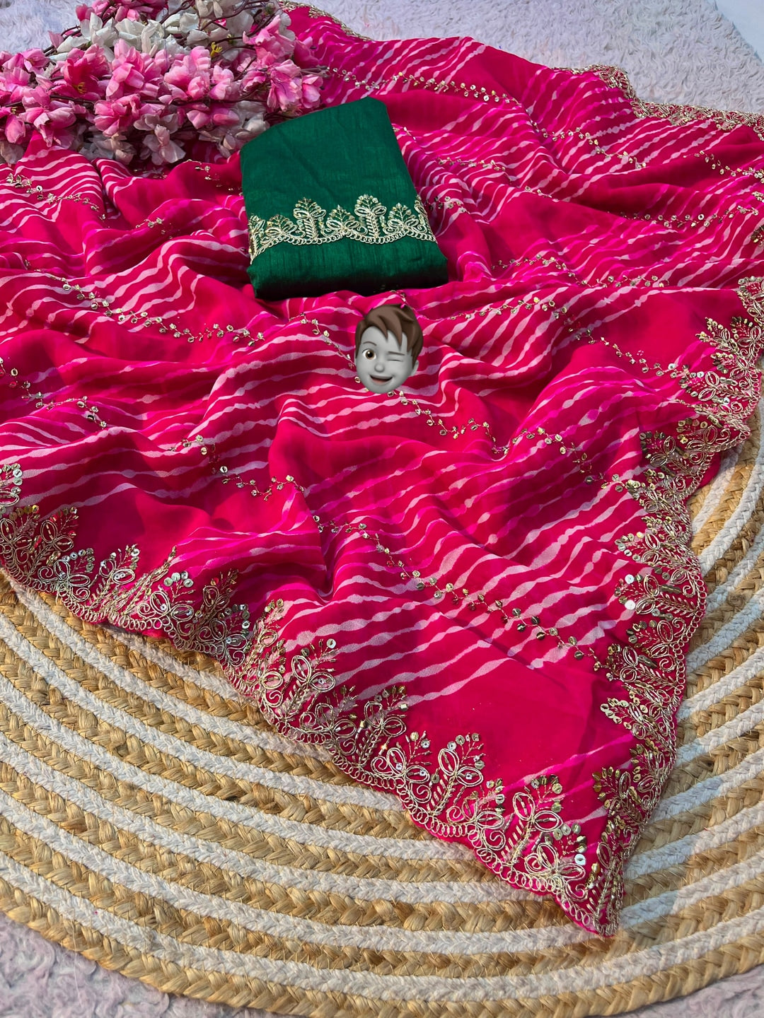 Peachmode Pink Georgette Leheriya Saree with Beads Cutwork Border - Image 3
