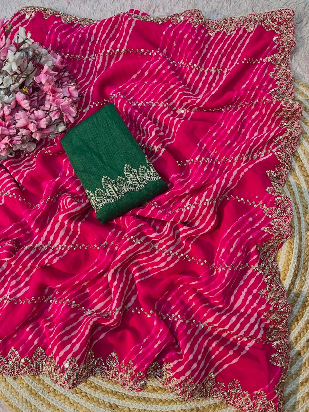 Peachmode Pink Georgette Leheriya Saree with Beads Cutwork Border - Image 4