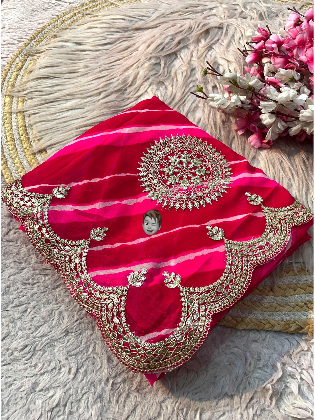 Peachmode Red Georgette Leheriya Saree with Foil Gota Cutwork Border - Image 2