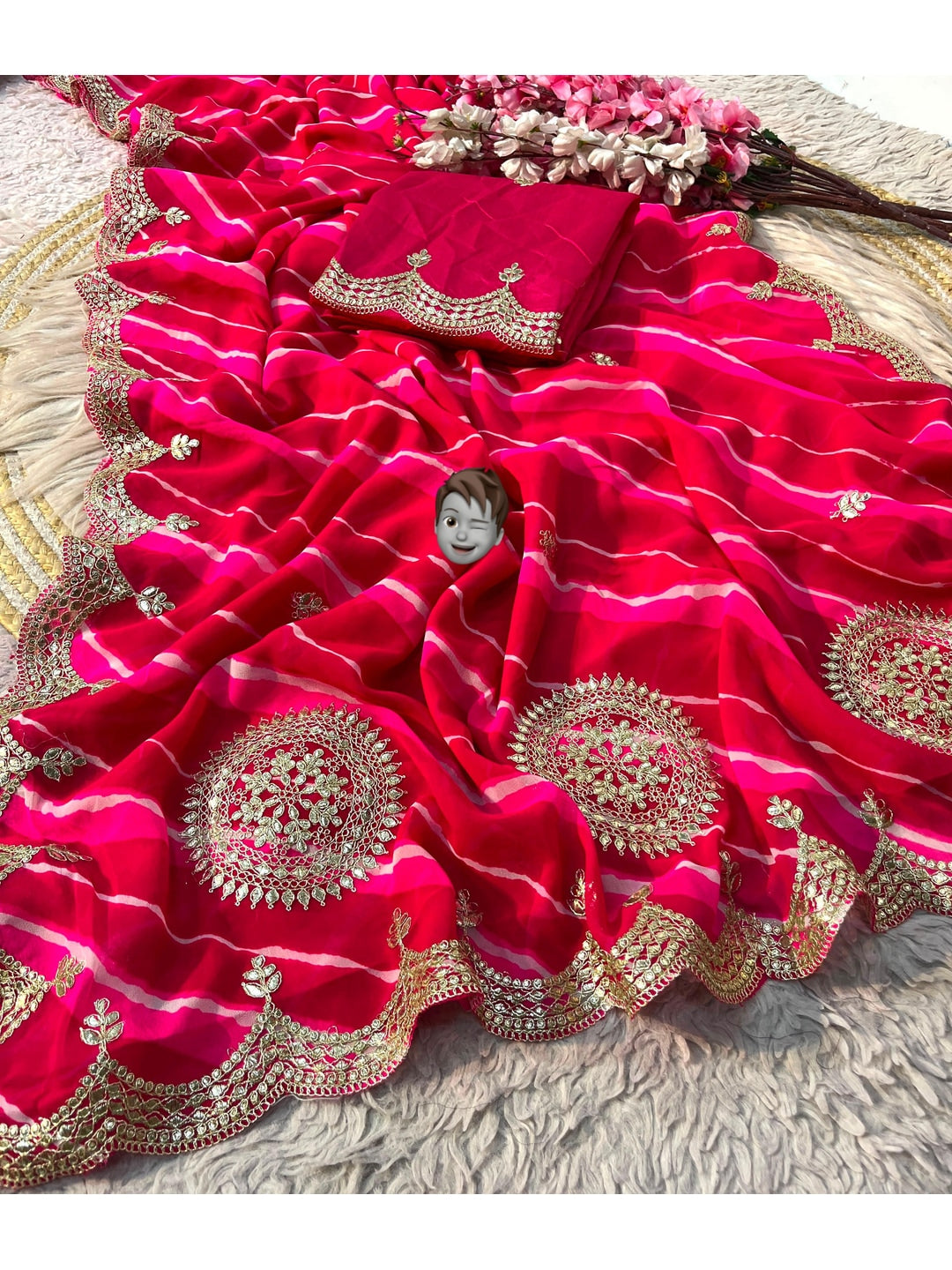 Peachmode Red Georgette Leheriya Saree with Foil Gota Cutwork Border - Image 3