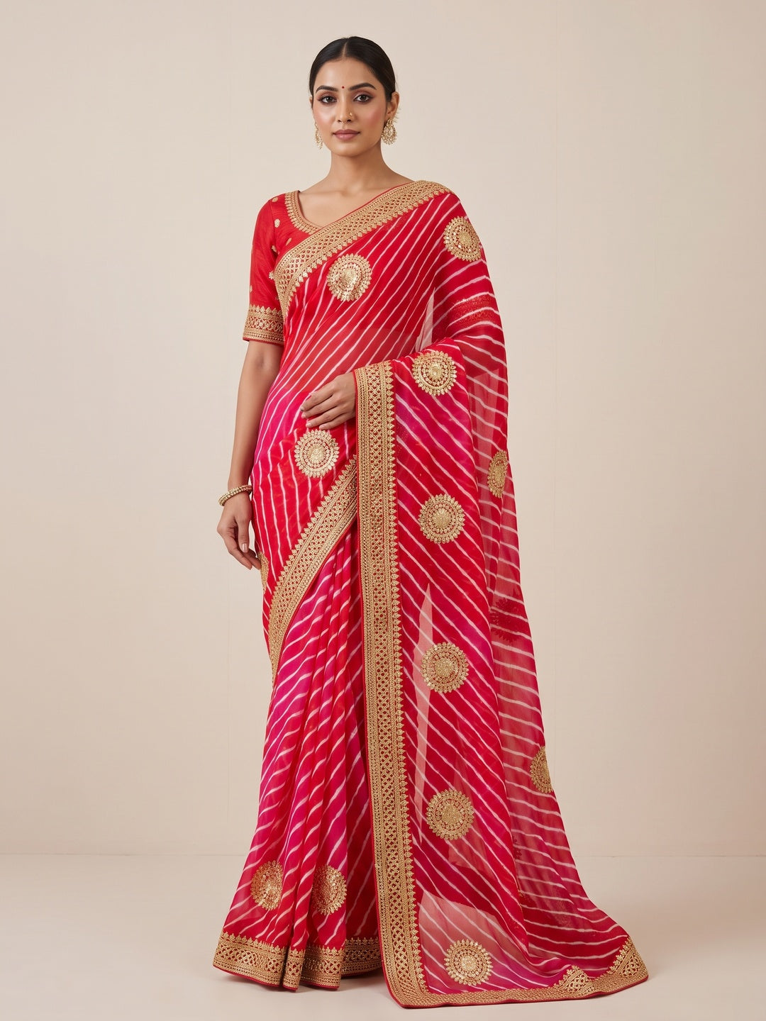 Peachmode Red Georgette Leheriya Saree with Foil Gota Cutwork Border - Image 1