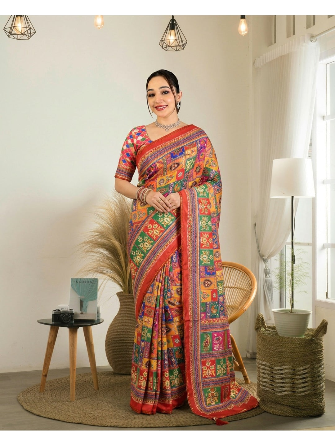 Peachmode Red Satin Crepe Ajrakh Print Saree with Real Mirror Work and Diamond Latkan - Image 1