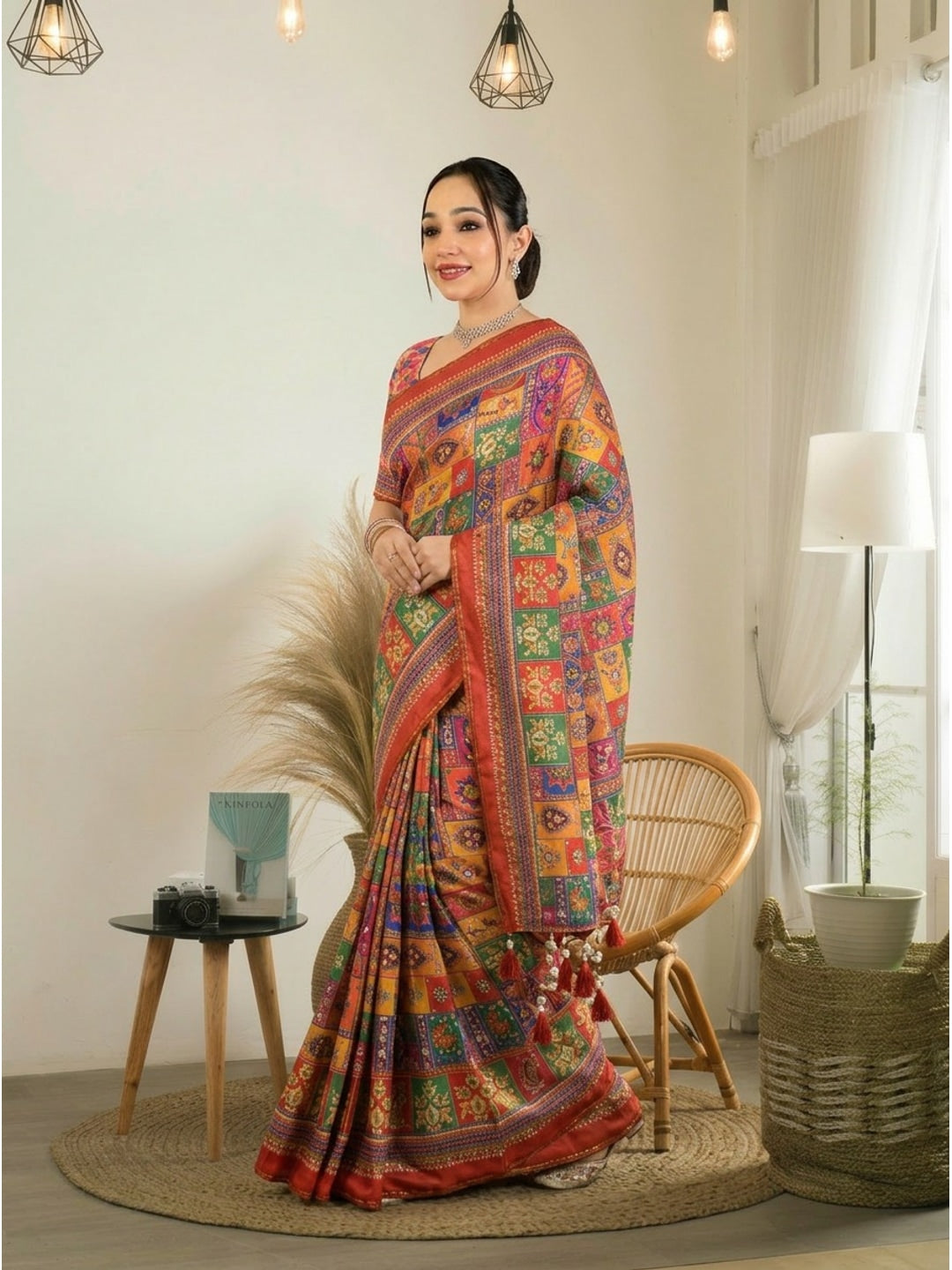 Peachmode Red Satin Crepe Ajrakh Print Saree with Real Mirror Work and Diamond Latkan - Image 2