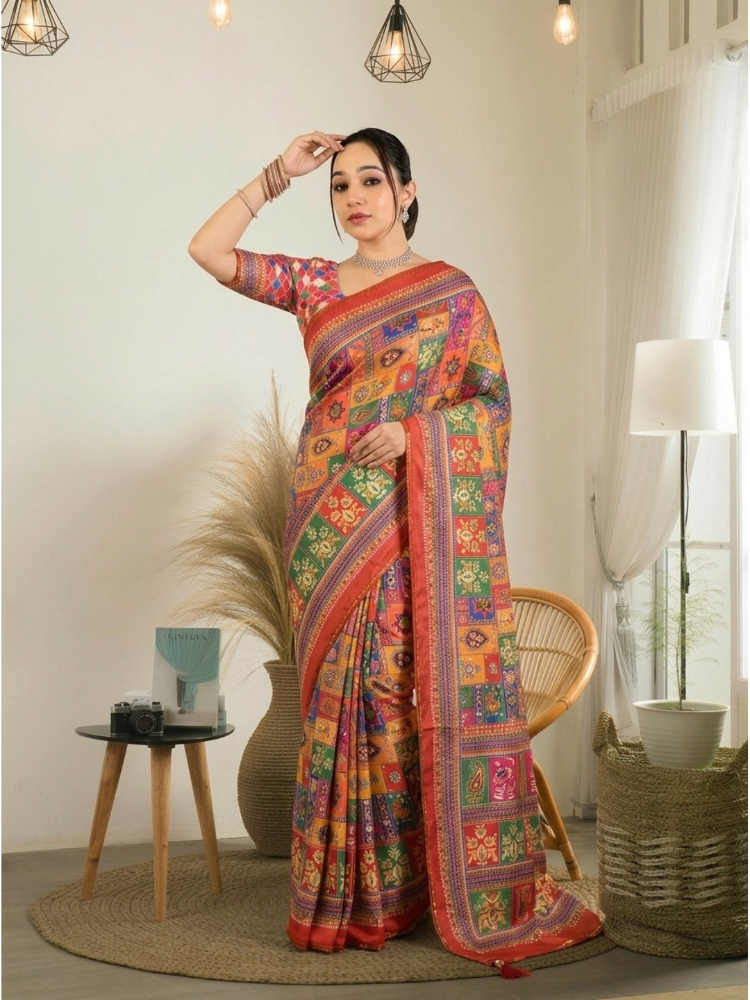 Peachmode Red Satin Crepe Ajrakh Print Saree with Real Mirror Work and Diamond Latkan - Image 3