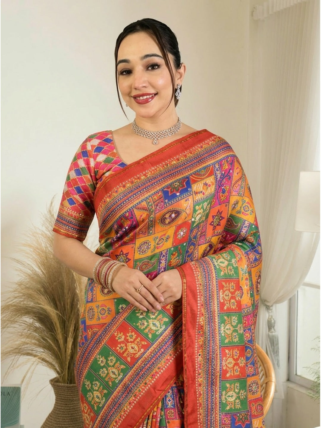 Peachmode Red Satin Crepe Ajrakh Print Saree with Real Mirror Work and Diamond Latkan - Image 4