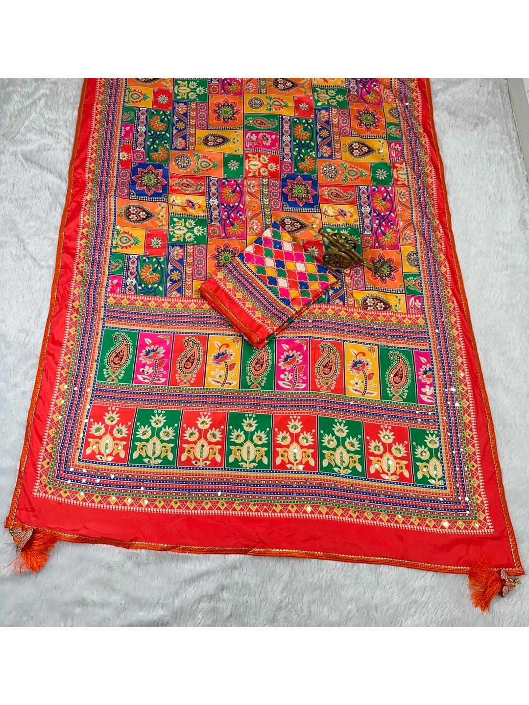 Peachmode Red Satin Crepe Ajrakh Print Saree with Real Mirror Work and Diamond Latkan - Image 5