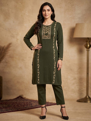 Elegant Olive Woolen Straight Kurti for Cozy Winter Comfort - Image 1