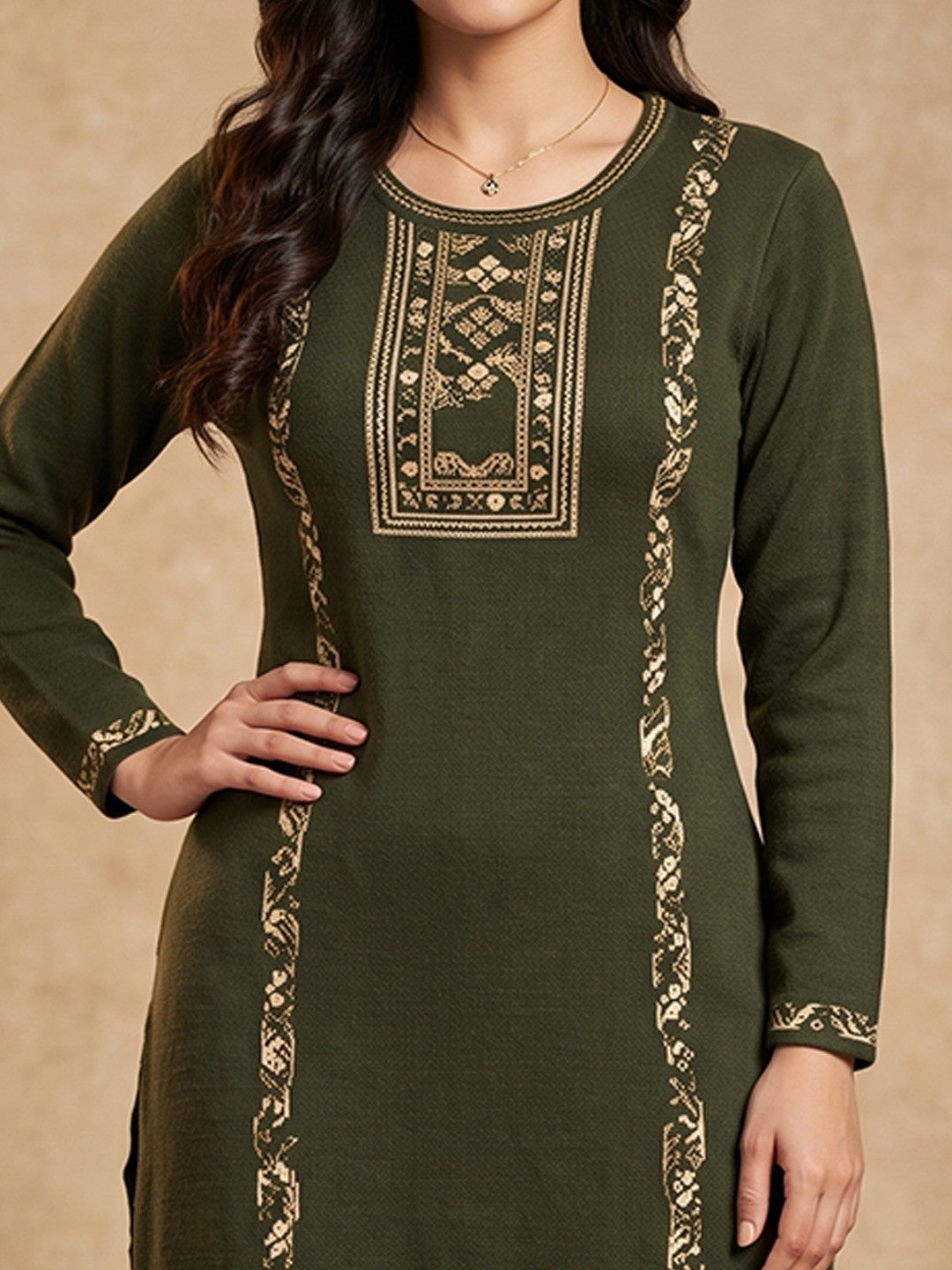 Elegant Olive Woolen Straight Kurti for Cozy Winter Comfort - Image 3