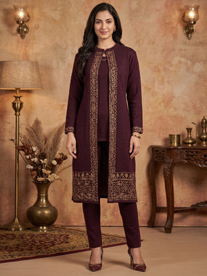 Dark Mauve Warm Woolen Straight Kurti with Minimal Styling - Image 1