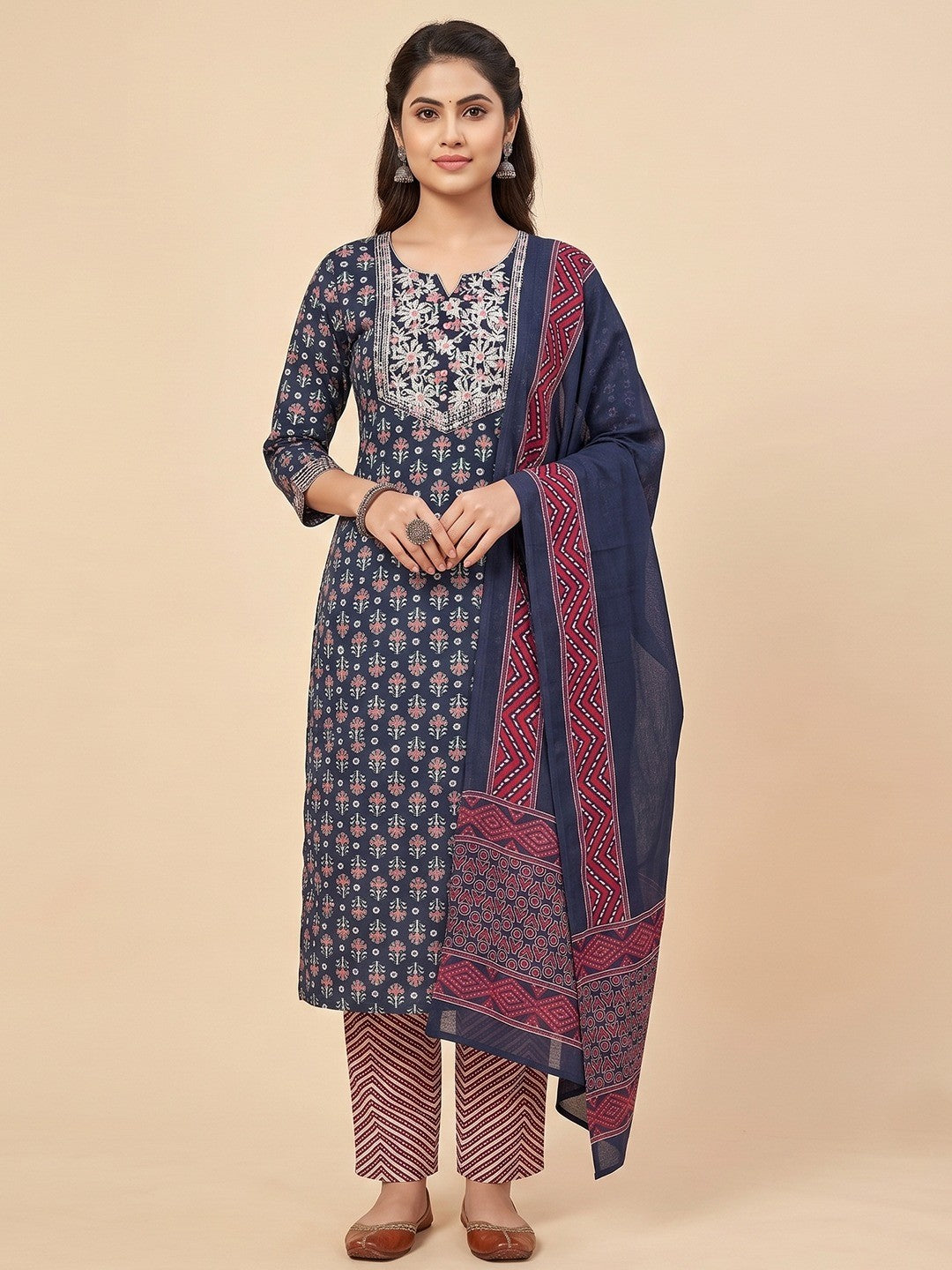 Mayank Fashion Blue Floral Printed Pure Cotton Salwar Suit Set - Image 1