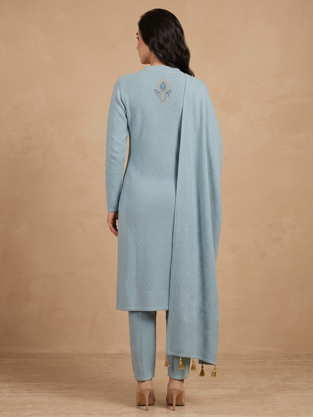 Sky Blue Woven Woolen Suit Set Designed in Straight Cut Style for Effortless Grace - Image 2