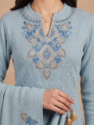 Sky Blue Woven Woolen Suit Set Designed in Straight Cut Style for Effortless Grace - Image 3